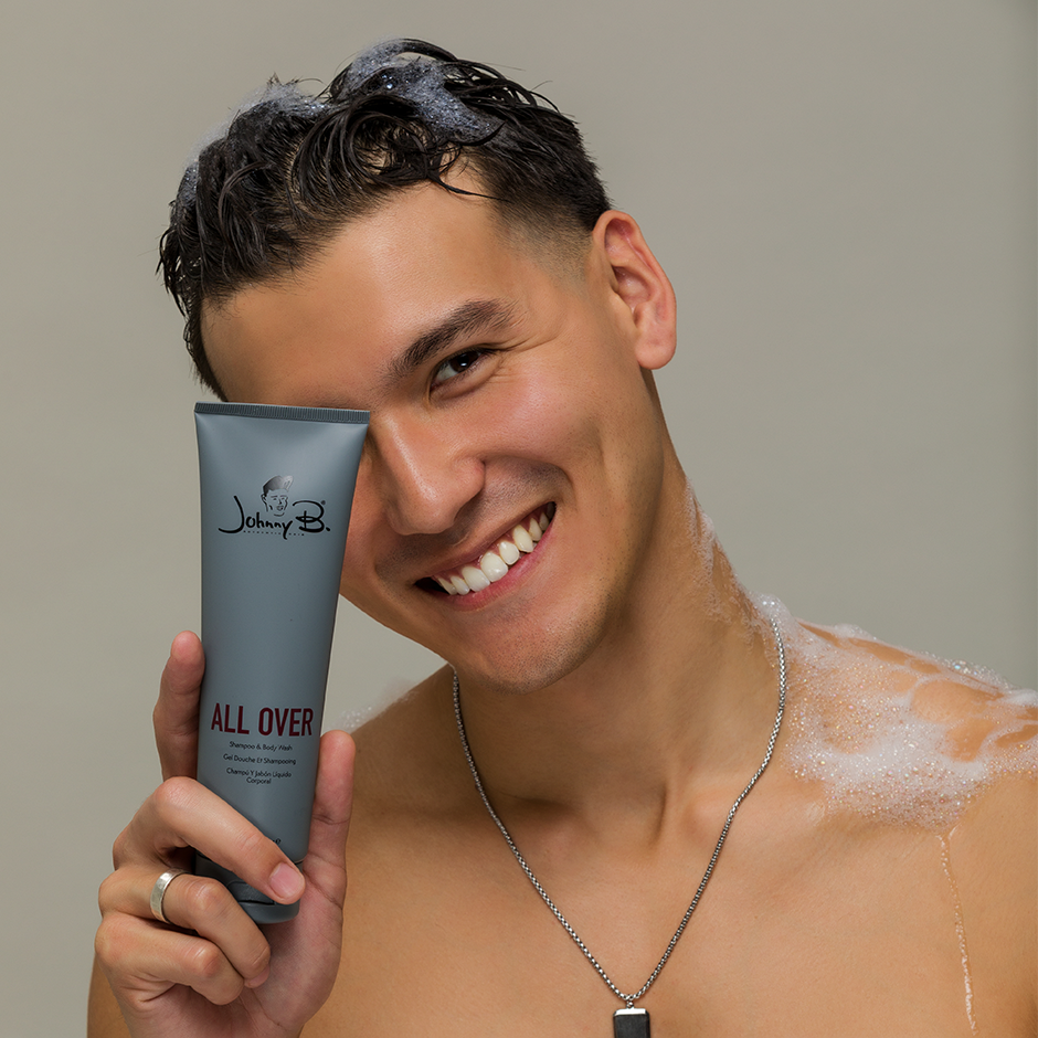 Man with All Over in front of his face