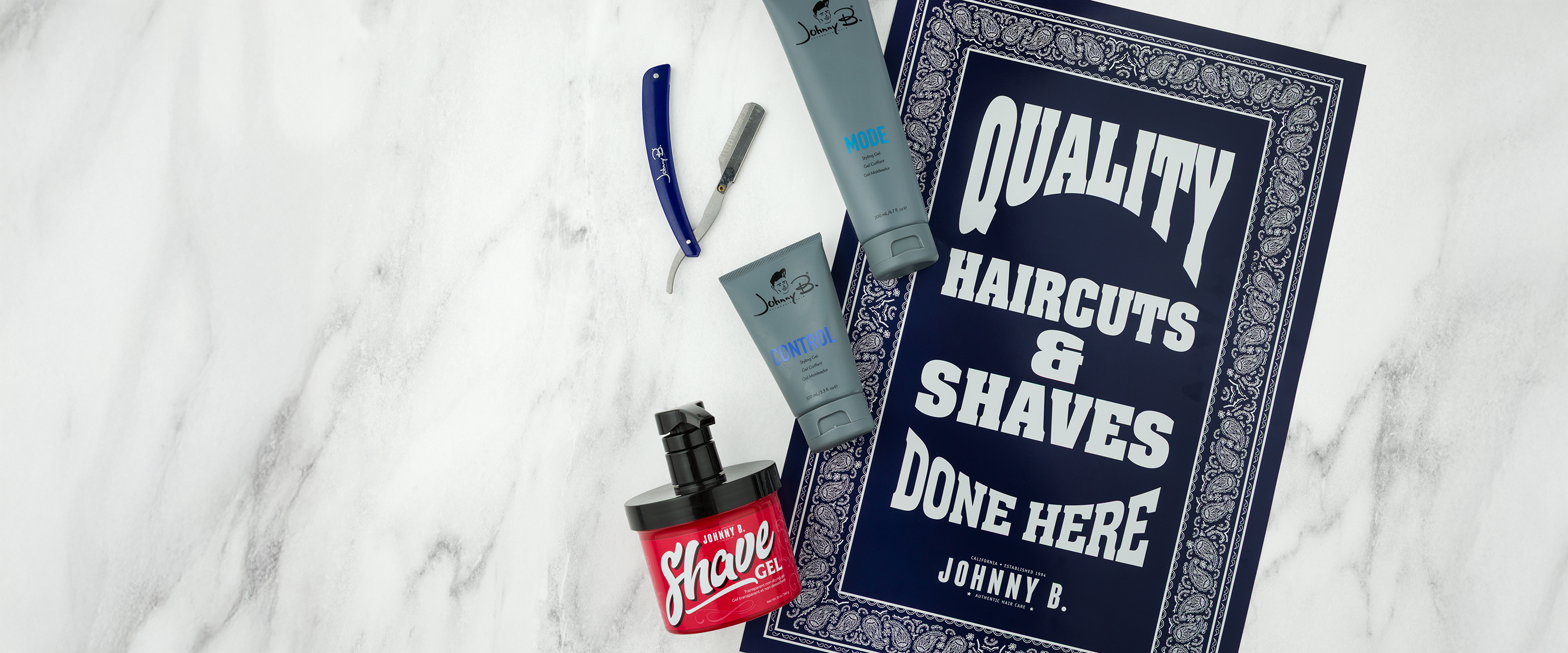 Shave Gel, Control, and Mode against a barbershop poster and marble background