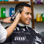 Client wearing I Am Crazy cutting cape