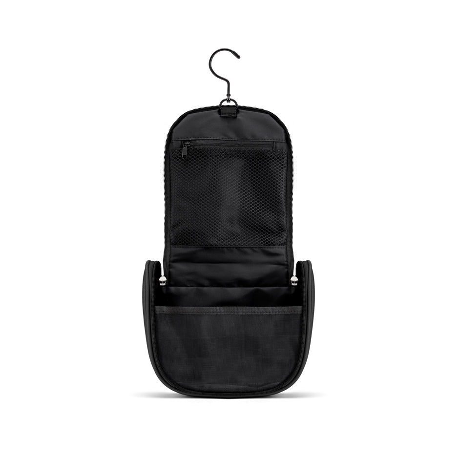 Black hanging toiletry bag with multiple compartments