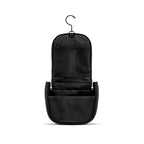 Black hanging toiletry bag with multiple compartments