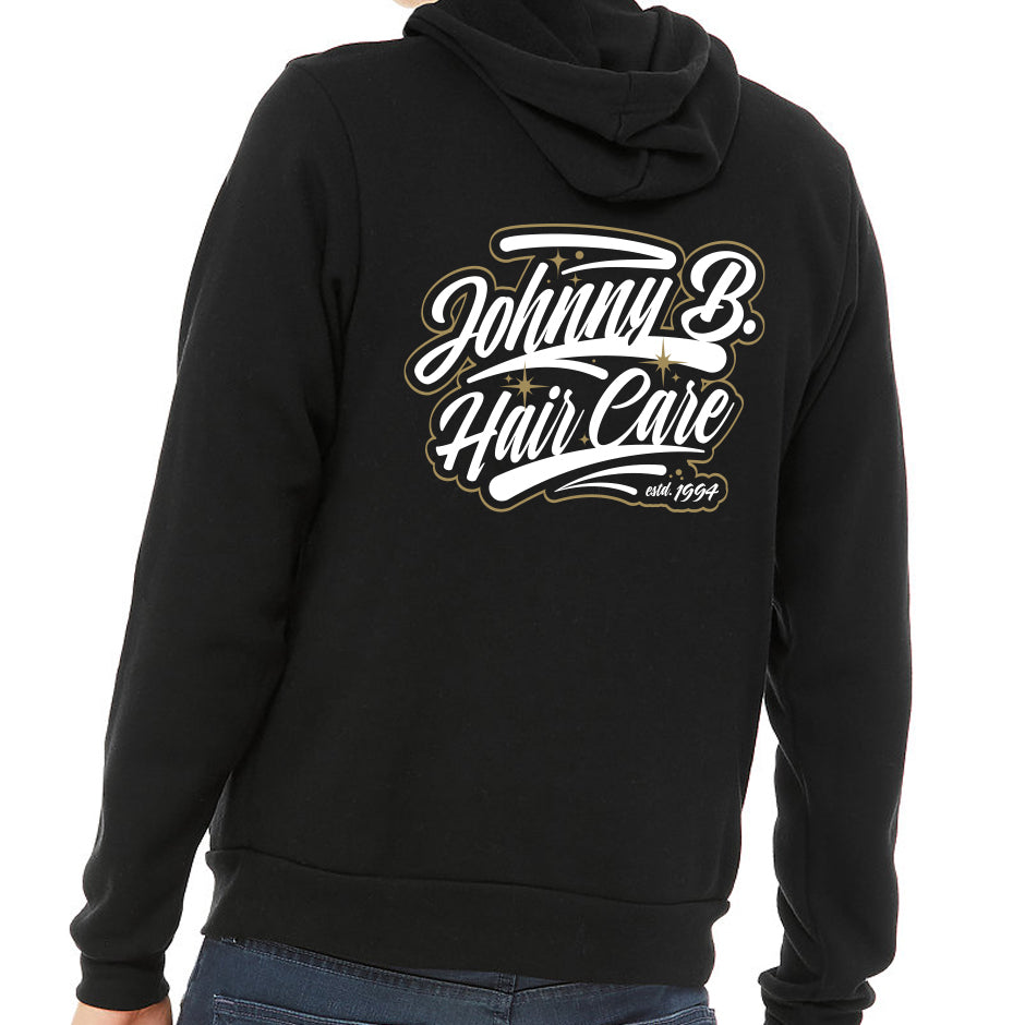 Black hoodie with a white Johnny B. logo