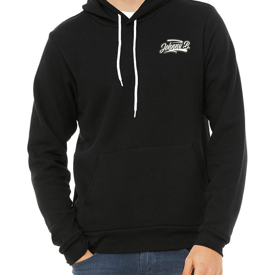 Black hoodie with a white Johnny B. logo