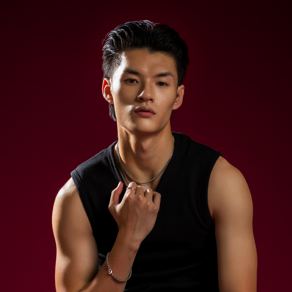 Man wearing a black tank top against a dark red background