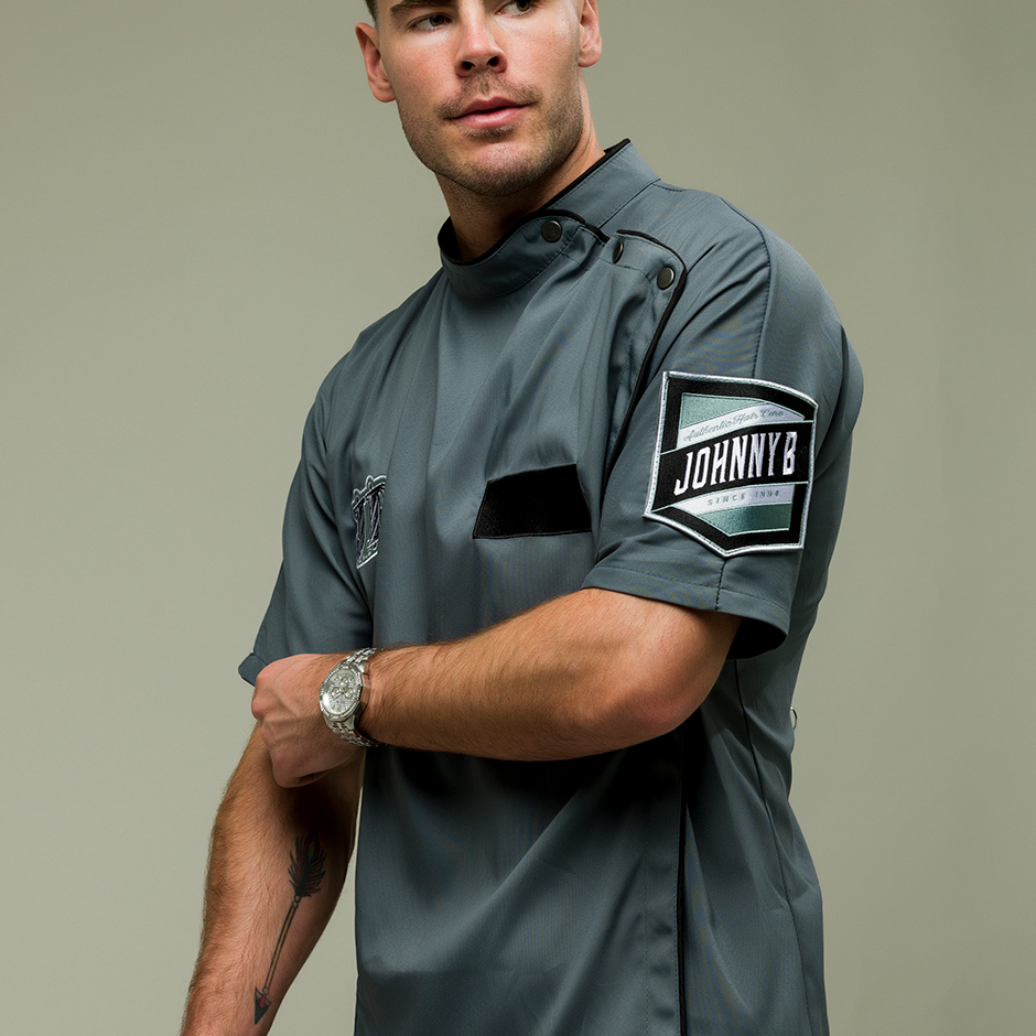 Man wearing Retro Barber Smock
