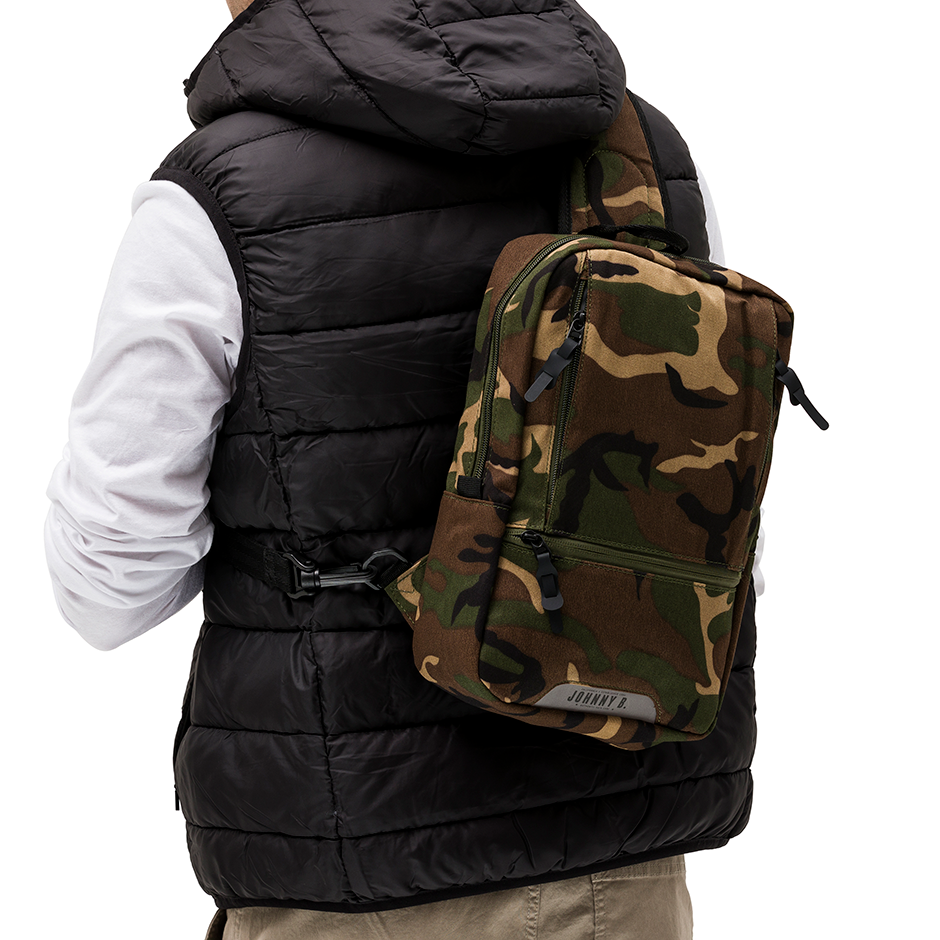 Man wearing Camo Sling Pouch