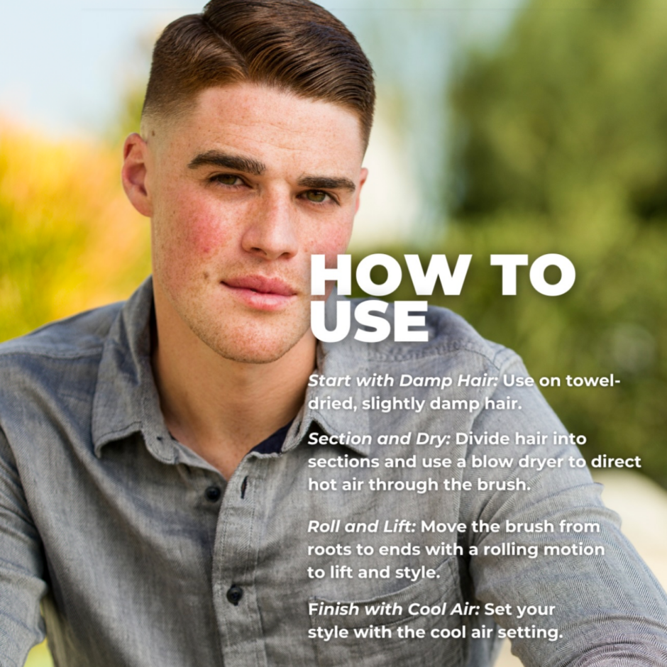 How to use Vent Brush: start with damp hair, section and dry, roll and lift, finish with cool air