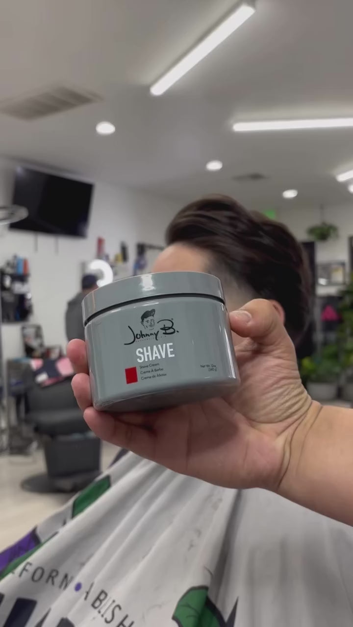 30 second video of a barber advertising Johnny B. Shave Cream