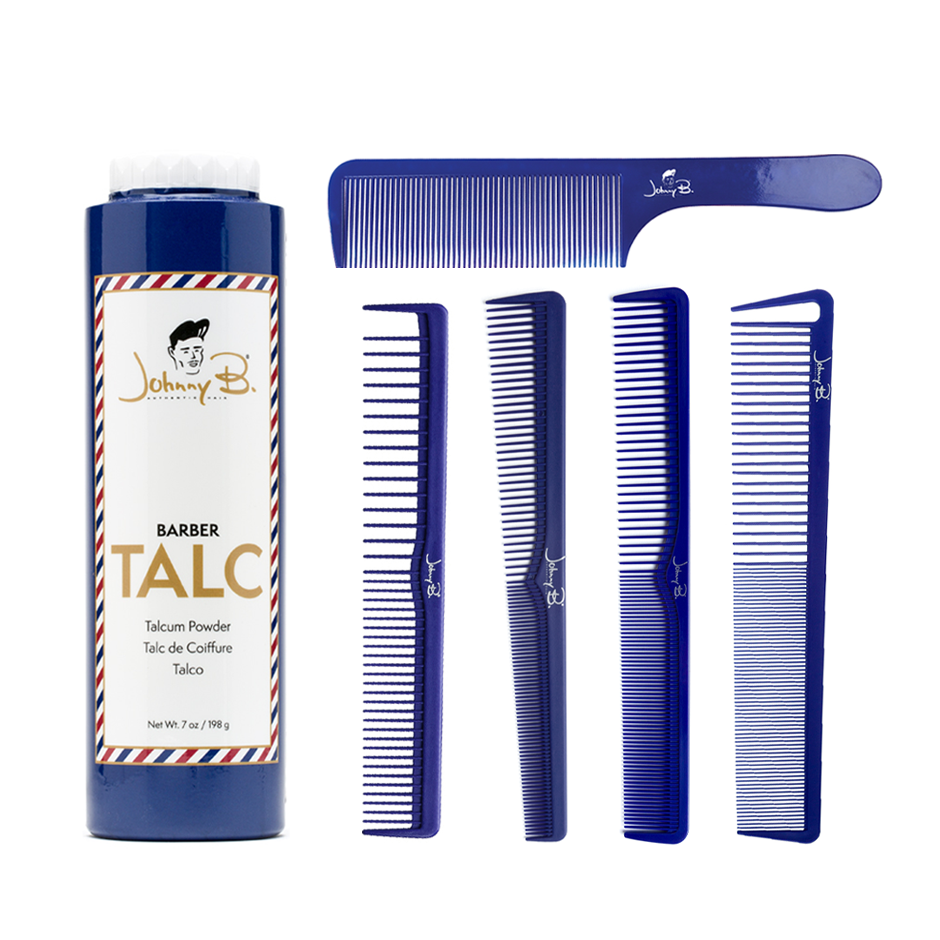 Products included in the Art of Barbering bundle: (1) Barber Comb, (1) Texturizing Comb, (1) Fade Comb, (1) Hair Cutting Comb, (1) Super Spreader Comb, (1) Barber Talc 7oz