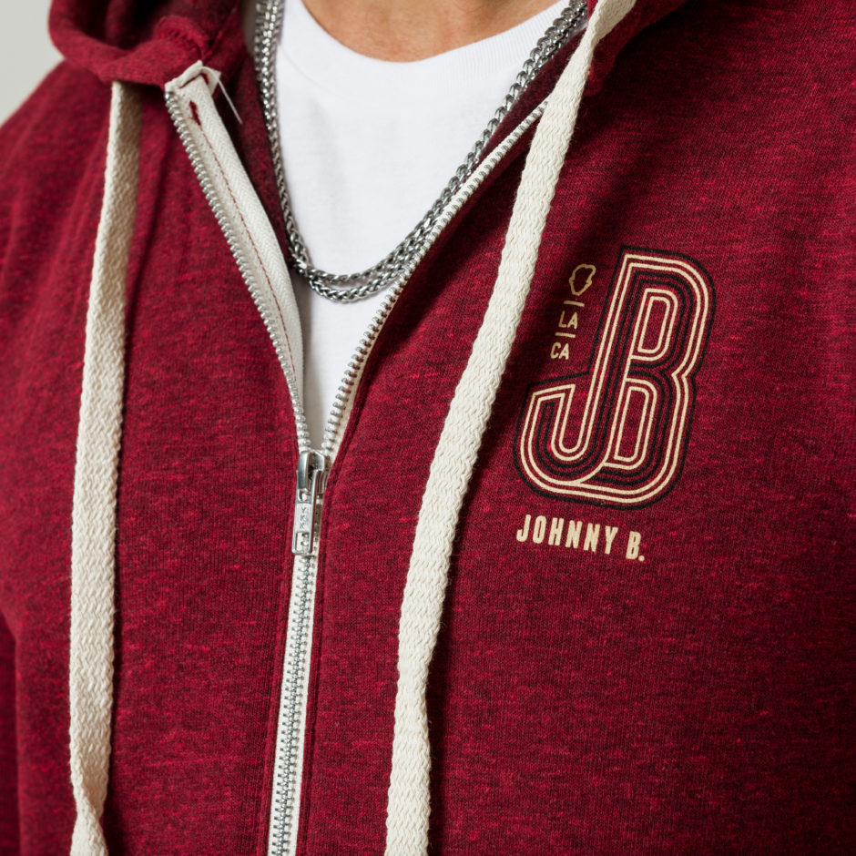 Maroon Johnny B. Zip Hoodie close up of chest artwork