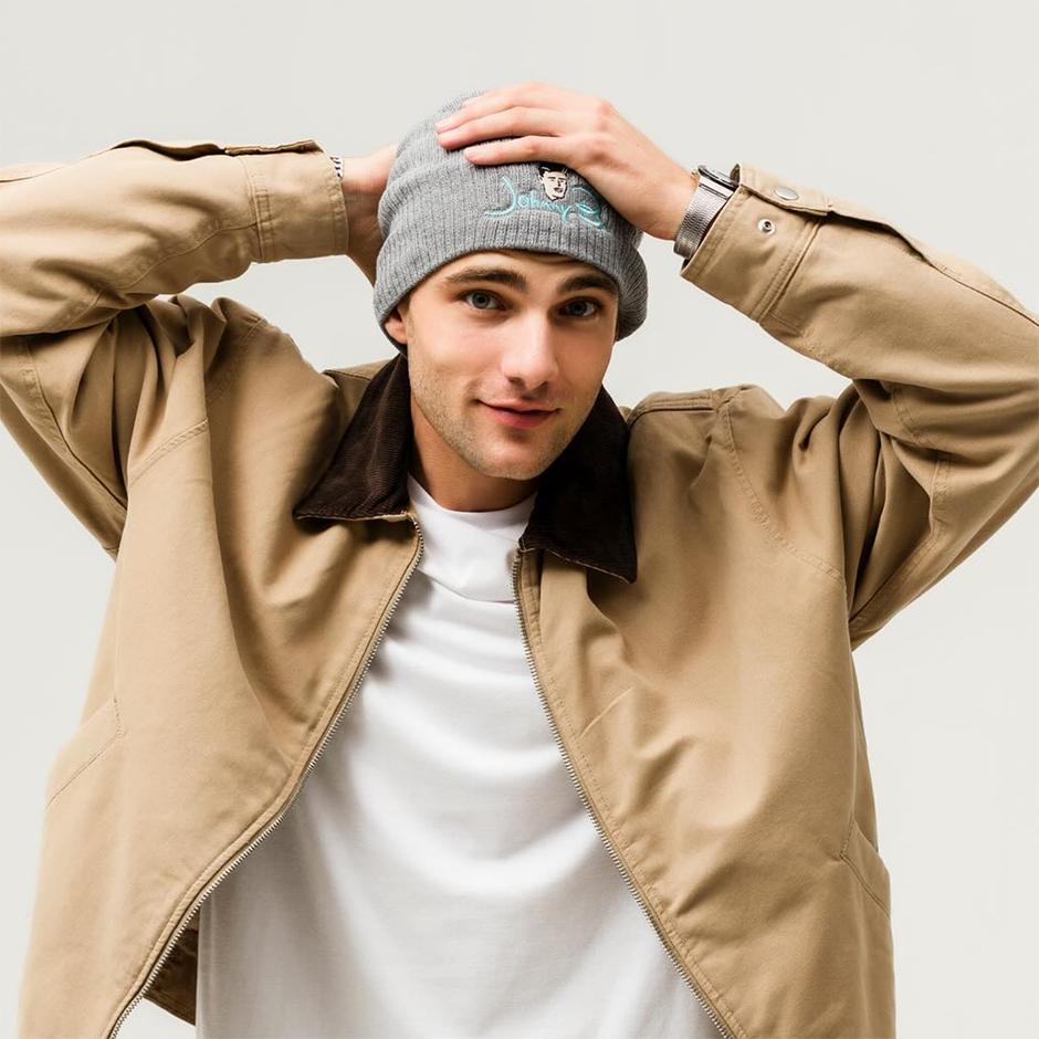 Model wearing Gray Johnny B. beanie